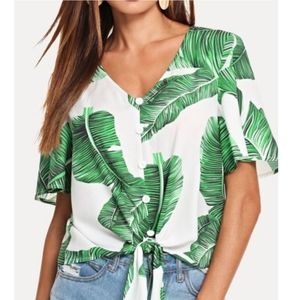 Shein short sleeve palm leaf print crop blouse